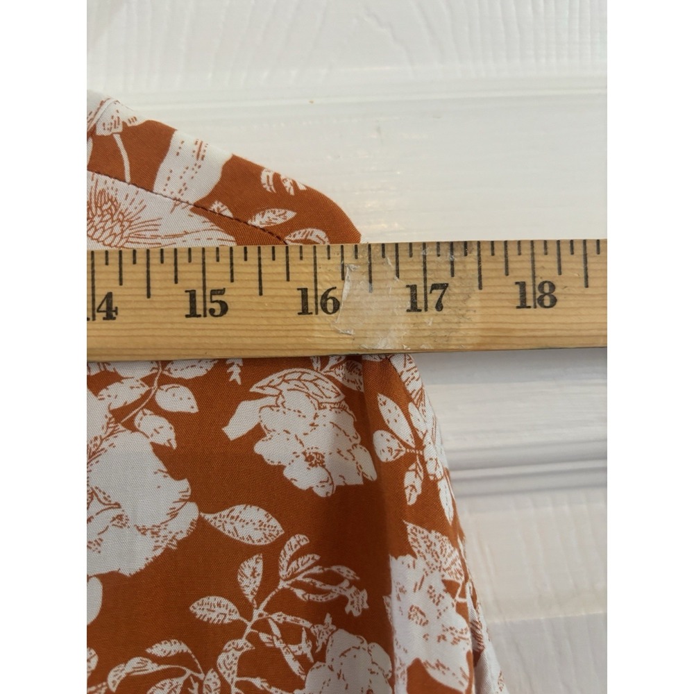 Floral Midi Dress M White Burnt Orange Boho Tiered V Neck Short Sleeve Tie Waist - Picture 6 of 11